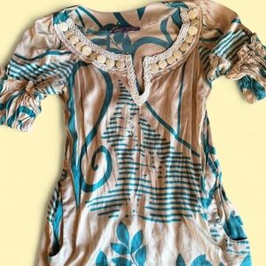 Hale Bob Beige and Turquoise Blouse